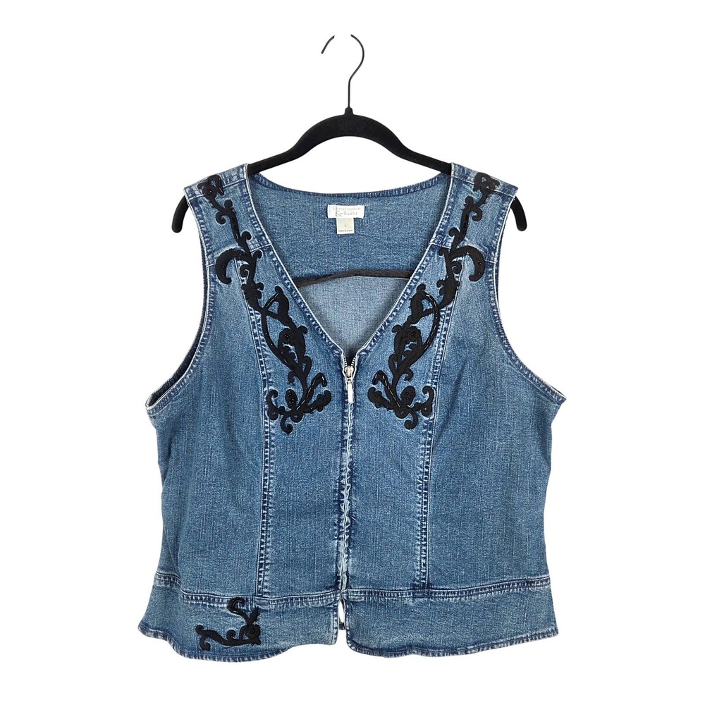 Vtg‎ Christopher Banks Womens Denim Vest Embroidered Zip Size L Y2K Western Boho